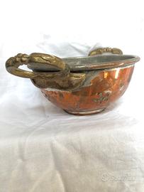 scolapasta vintage in rame con manici in ottone