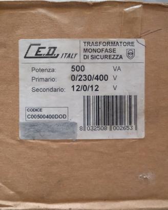 Trasformatore 500 VA, Pri.0-230-400V, Sec.12-0-12V