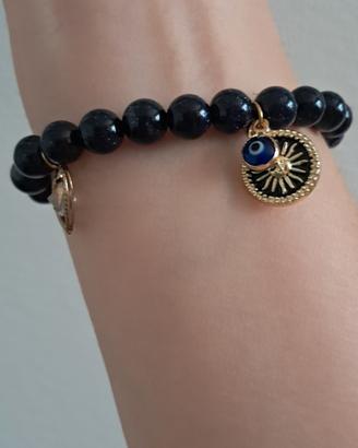 bracciale Perline nere glitterate charm sole luna