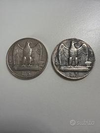 2 Monete da 5 Lire Argento 1927 "Aquilotto"