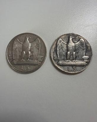 2 Monete da 5 Lire Argento 1927 "Aquilotto"