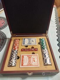 Set poker, scatola di legno con fiches/dadi/carte