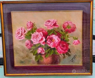 Quadro antico con Rose dipinto a mano firmato.
