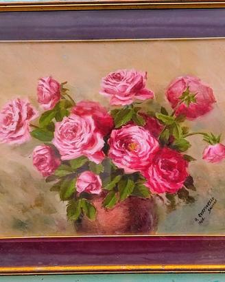 Quadro antico con Rose dipinto a mano firmato.