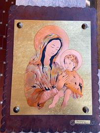 Quadro Madonna con bambino, intarsi metallo