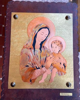 Quadro Madonna con bambino, intarsi metallo
