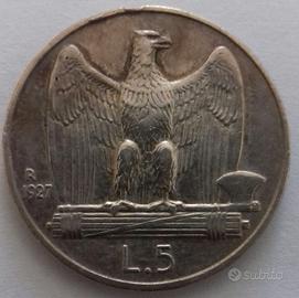 Regno Italia 5 lire 1927 var. bordo liscio R