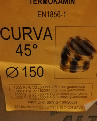 Curva coibentata 45° tubo fumi, inox e rame