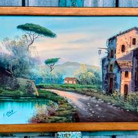 Quadri con paesaggi dipinti a mano su tela a olio.