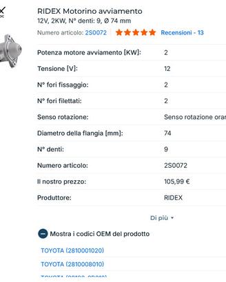 Motorino avviamento per TOYOTA