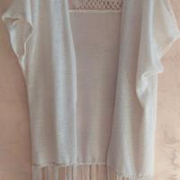 Cardigan donna panna/beige traforato con frange