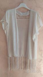 Cardigan donna panna/beige traforato con frange