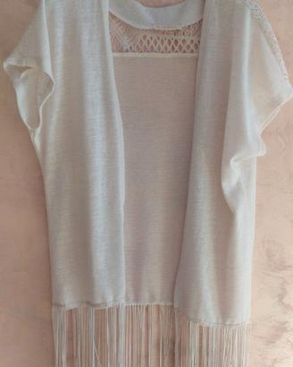 Cardigan donna panna/beige traforato con frange