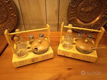 Coppia menage olio aceto sale pepe vintage legno