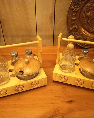Coppia menage olio aceto sale pepe vintage legno