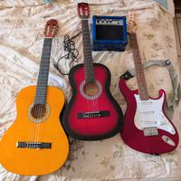 3 CHITARRE CON 2 CUSTODIE & AMPLIFICATORE BASE