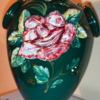 Antico Vaso Portafiori Ceramica Verde e Decori In 