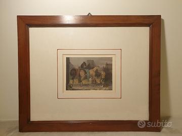 Stampa antica dal titolo "Cavalli nella Stalla"