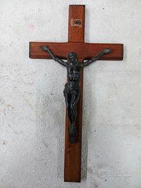 Cristo Crocifisso metallo su croce legno vintage 