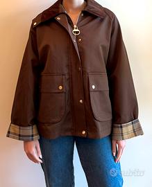 Giacca marrone stile barbour con interno tartan