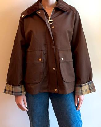 Giacca marrone stile barbour con interno tartan