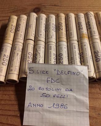 5 LIRE-"DELFINO"-ANNO 1986-20 ROTOLINI DA 50 PZ.