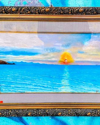 Quadro con tramonto dipinto a mano su tela a olio.