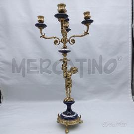 CANDELIERE 5 FIAMME OTTONE CERAMICA BLU PUTTO CORN