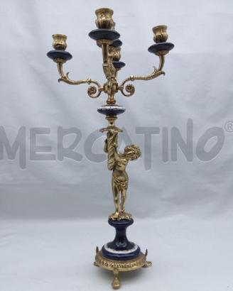 CANDELIERE 5 FIAMME OTTONE CERAMICA BLU PUTTO CORN