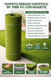 Tappeto Erboso Sintetico 7mm H1x25m Moquette Drena
