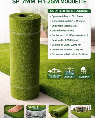Tappeto Erboso Sintetico 7mm H1x25m Moquette Drena