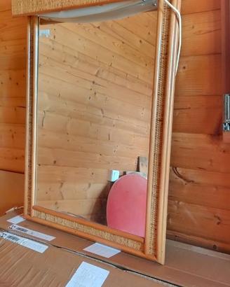 Specchio da bagno legno e vimini con luce