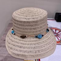 Cappello Paglia Turchese Perline Estivo Tesa Larga