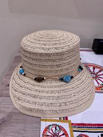 Cappello Paglia Turchese Perline Estivo Tesa Larga