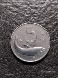 5 Lire Delfino 1951 Italia Prima edizione