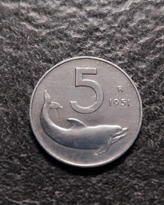 5 Lire Delfino 1951 Italia Prima edizione