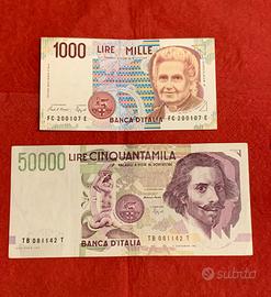 Banconote da 1000 e 50000 lire