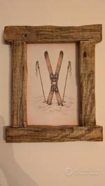  Quadro legno artigianale sci vintage montagna