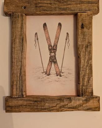  Quadro legno artigianale sci vintage montagna