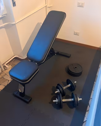 Panca reclinabile, pesi, manubri e tappetini
