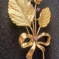 Spilla vintage bouquet di fiori con foglie oro 750