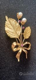 Spilla vintage bouquet di fiori con foglie oro 750