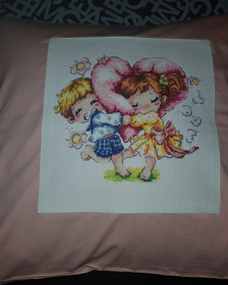 Federa cotone con decoro punto-croce fatto a mano