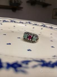 Anello Donna 14 Art Deco Argento Rubino Smeraldo 