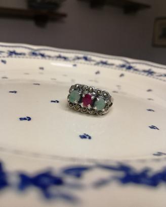 Anello Donna 14 Art Deco Argento Rubino Smeraldo 