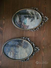 Quadretti dipinti all'olio ovali in bronzo