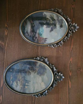 Quadretti dipinti all'olio ovali in bronzo