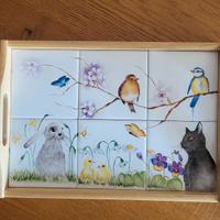 Vassoio legno e piastrelle ceramica decorate a man