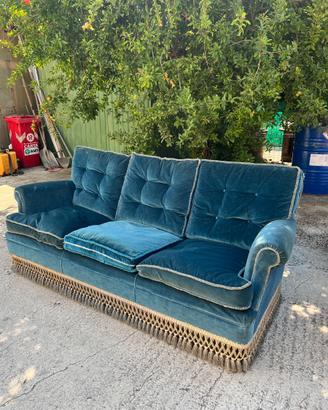 Coppia di divani vintage in velluto blu petrolio