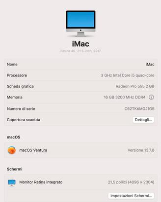 IMac 21.5” Retina 4K 2017 – 16GB RAM + SSD